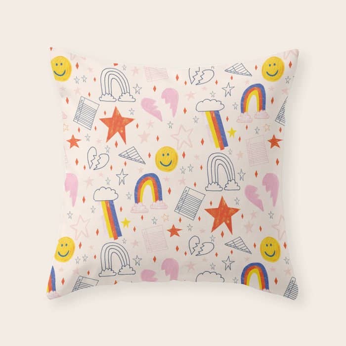 Happy Smiley Face & Retro Rainbows In Dusty Pink Throw Pillow