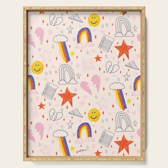 Happy Smiley Face & Retro Rainbows In Dusty Pink Serving Tray