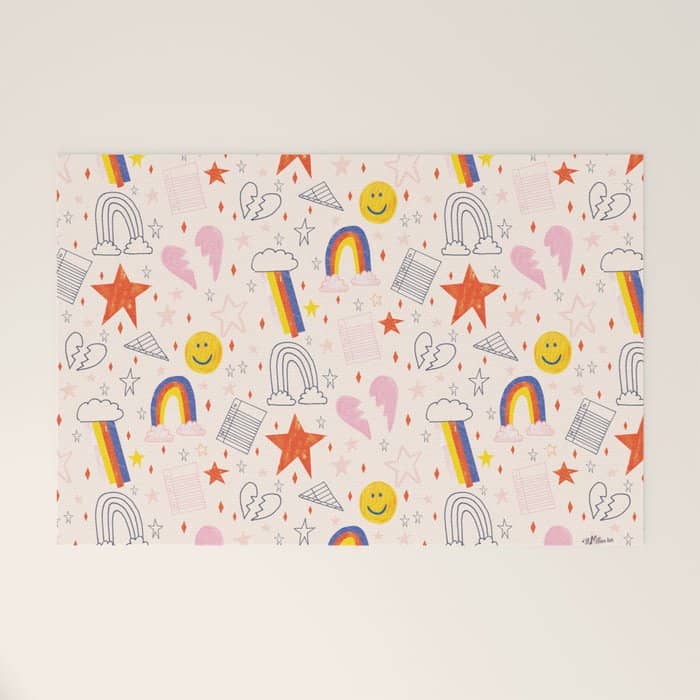 Happy Smiley Face & Retro Rainbows In Dusty Pink Welcome Mat