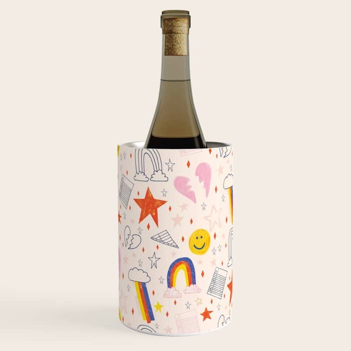 Happy Smiley Face & Retro Rainbows In Dusty Pink Wine Chiller
