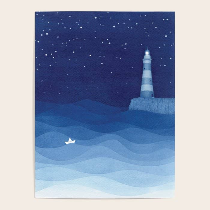 Lighthouse & The Paper Boat, Blue Ocean Poster