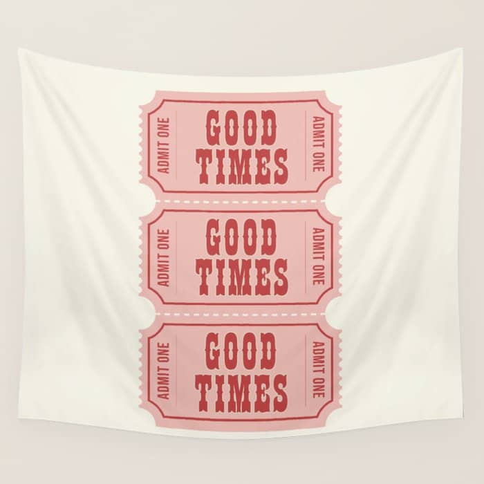 Good Times Retro Ticket, Pink Aesthetic Wall Tapestry
