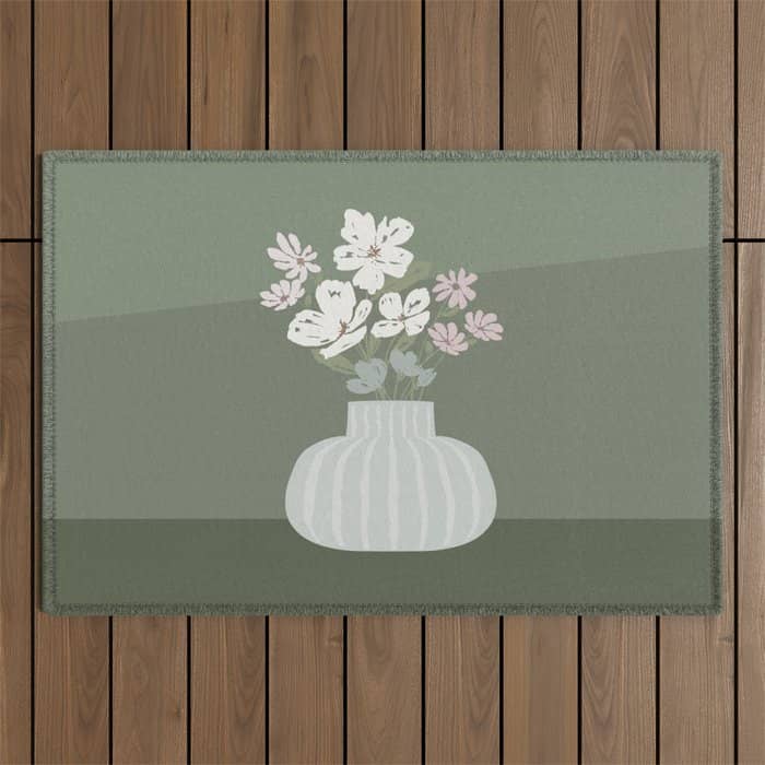 Wildflower Bouquet In Vase Illustration - Muted Pink, Beige And Sage Green Flowers  Outdoor Rug