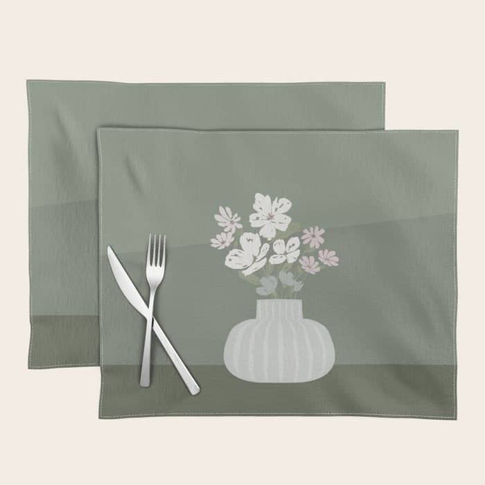 Wildflower Bouquet In Vase Illustration - Muted Pink, Beige And Sage Green Flowers  Placemat