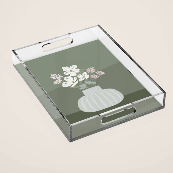 Wildflower Bouquet In Vase Illustration - Muted Pink, Beige And Sage Green Flowers  Acrylic Tray