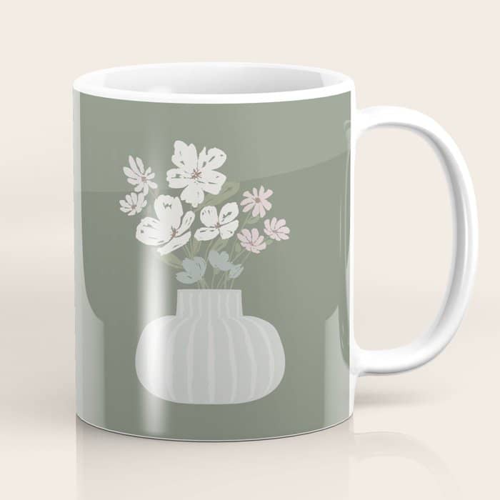 Wildflower Bouquet In Vase Illustration - Muted Pink, Beige And Sage Green Flowers  Coffee Mug