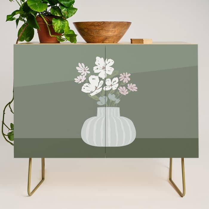 Wildflower Bouquet In Vase Illustration - Muted Pink, Beige And Sage Green Flowers  Credenza