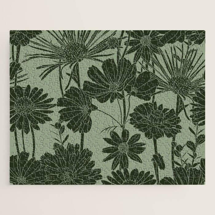 Floral Prints, Dark Green, Colour Prints Jigsaw Puzzle