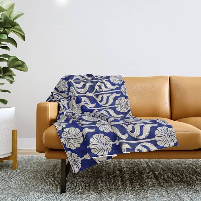 Art Deco Florals On Dark Blue Throw Blanket