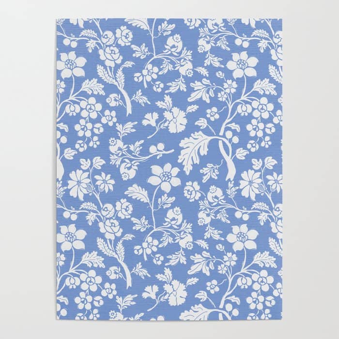 Vintage Style Chintz Florals On Blue Poster