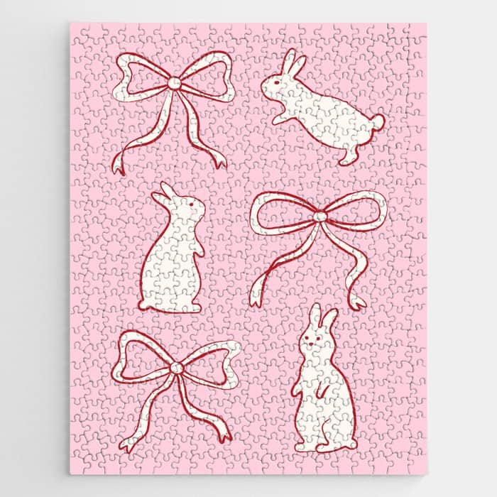Ribbon Bows And Bunnies In Red, Pink And White Jigsaw Puzzle
