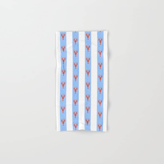 Red Lobsters On Hand-Painted Bright Blue Stripes Bath Towel