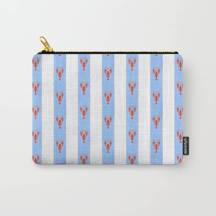 Red Lobsters On Hand-Painted Bright Blue Stripes Carry All Pouch