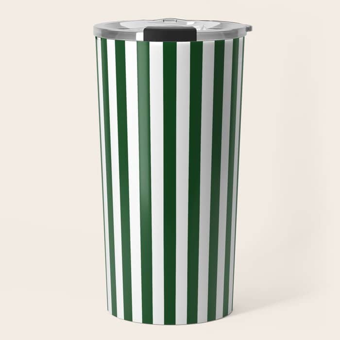 Original Forest Green And White Rustic Vertical Tent Stripes Travel Mug