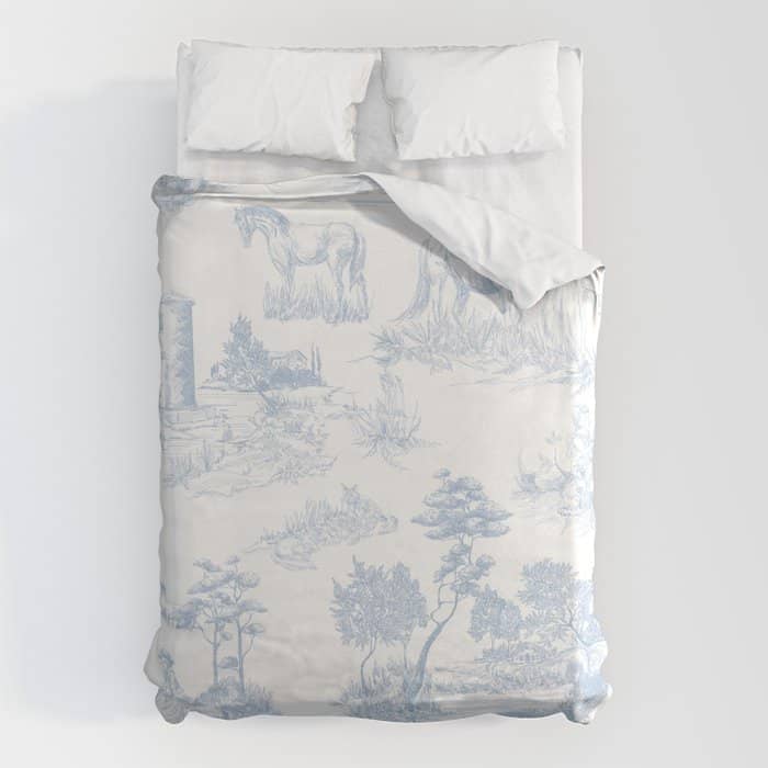 Toile De Jouy Vintage French Soft Baby Blue White Pastoral Pattern Duvet Cover