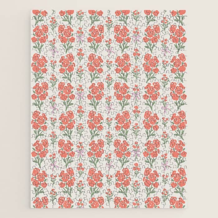 Preppy Grandmillennial Cute Red Flowers Jigsaw Puzzle