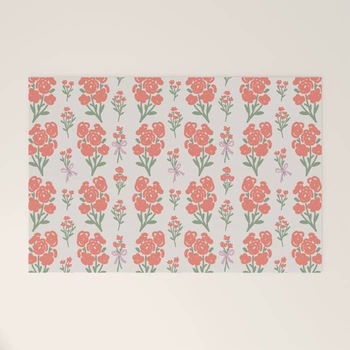 Preppy Grandmillennial Cute Red Flowers Welcome Mat