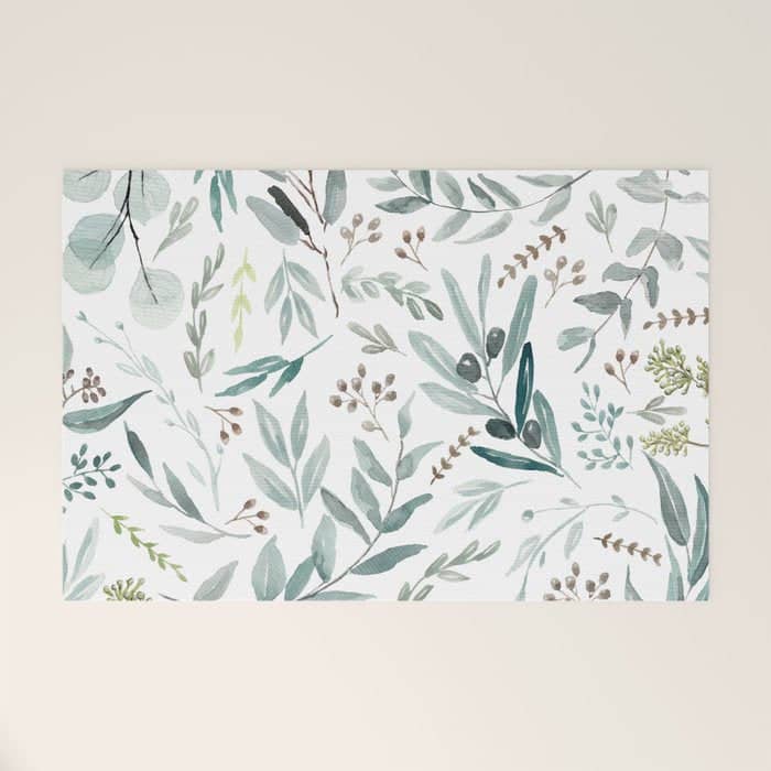 Botanical Eucalyptus Leaves Pattern Welcome Mat