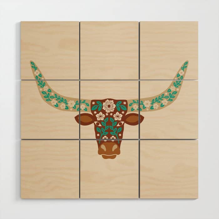 Floral Longhorn - Brown And Turquoise Wood Wall Art