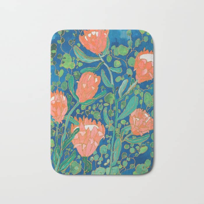 Coral Proteas On Blue Pattern Painting Bath Mat