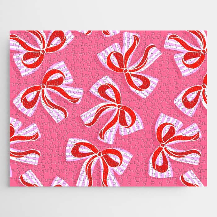 Ditsy Kitsch Ribbons And Bows 2. Watermelon Pink And Red Jigsaw Puzzle