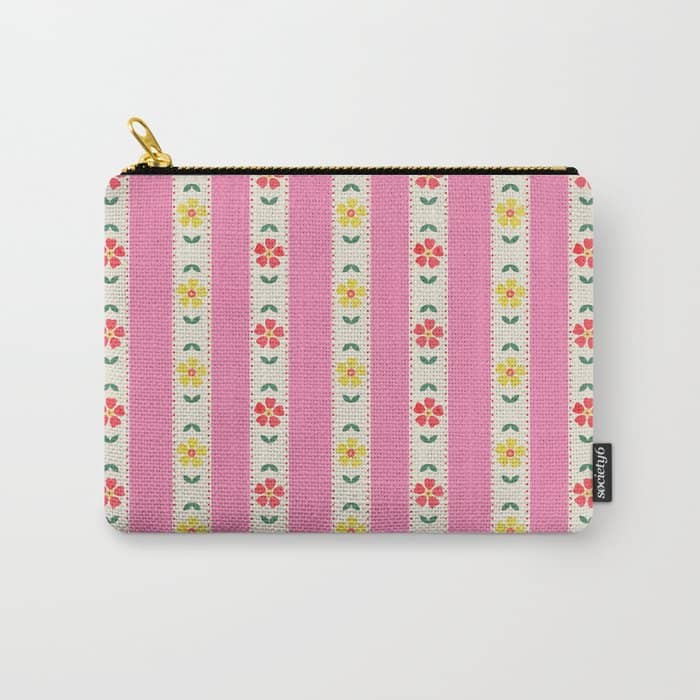 Granny Style Vintage Florals On Pink Stripes Carry All Pouch