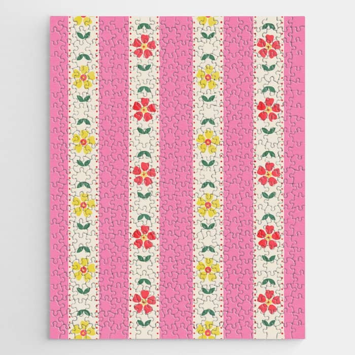 Granny Style Vintage Florals On Pink Stripes Jigsaw Puzzle