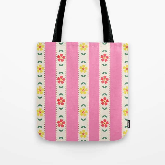 Granny Style Vintage Florals On Pink Stripes Tote Bag