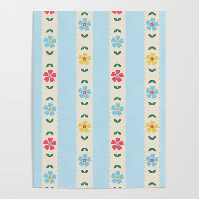 Granny Style Vintage Florals And Light Blue Stripes Poster