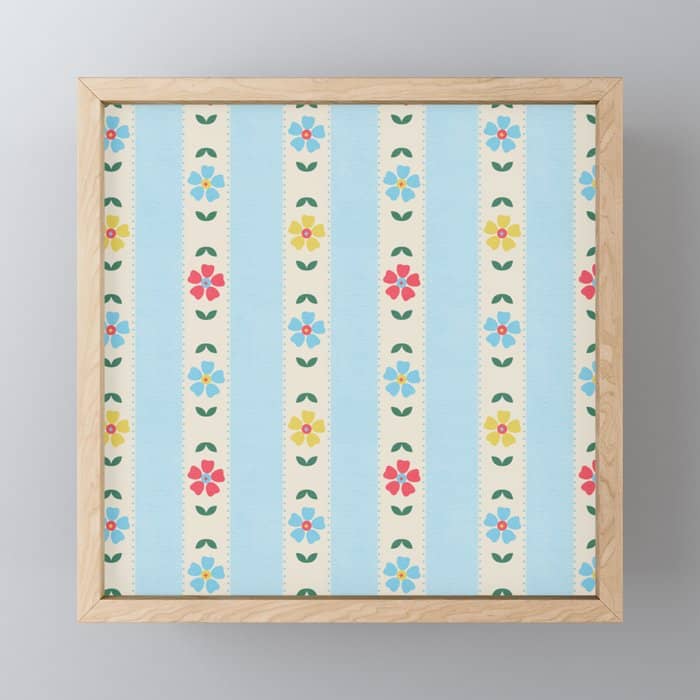 Granny Style Vintage Florals And Light Blue Stripes Mini Art Print