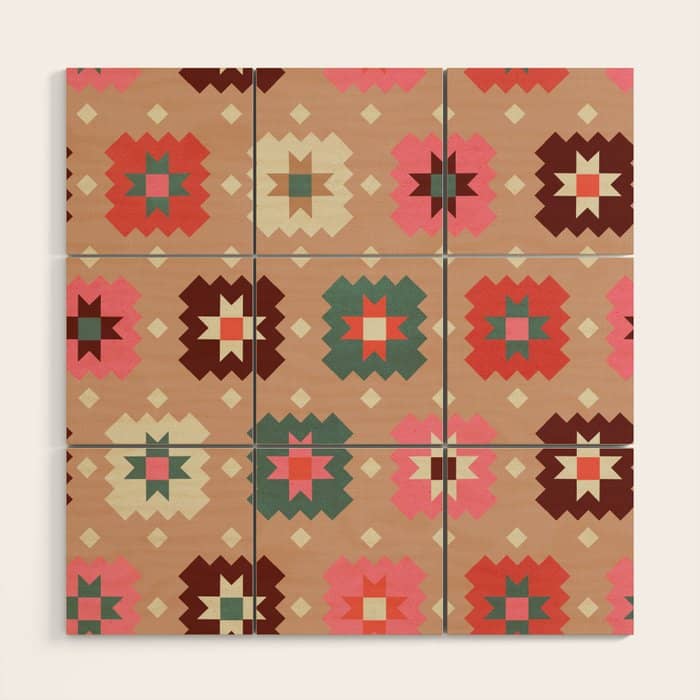 Festive Winter Quilt Tiles With Stars Wood Wall Art