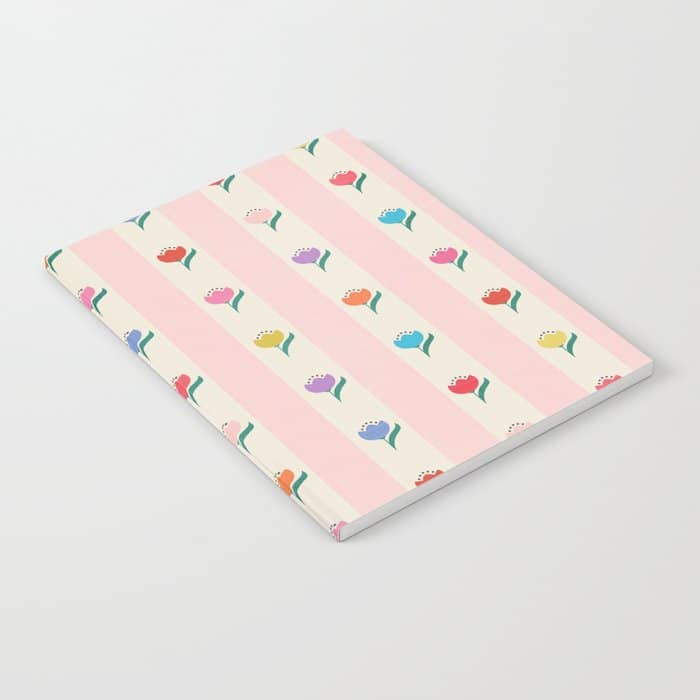 Cheery Tulips On Pink And Cream Vertical Stripes Notebook