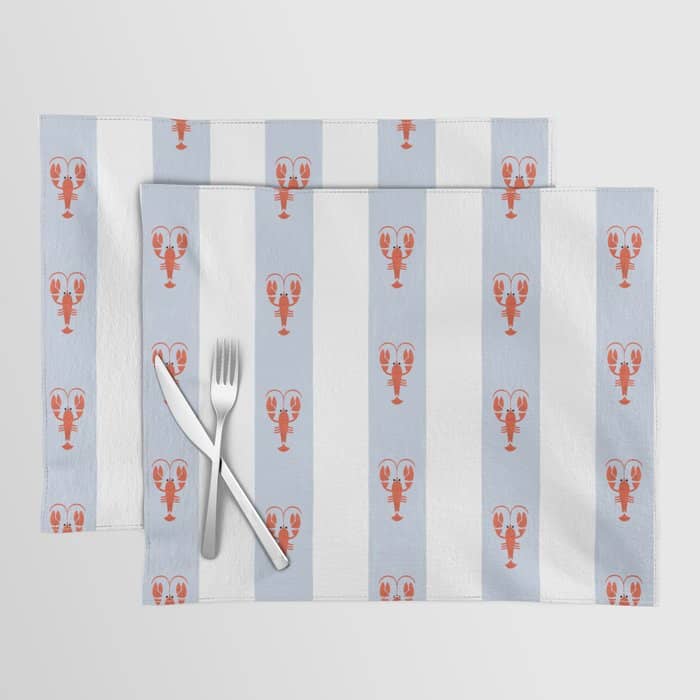 Red Lobsters On Hand-Painted Blue Stripes Placemat