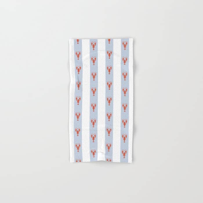 Red Lobsters On Hand-Painted Blue Stripes Bath Towel