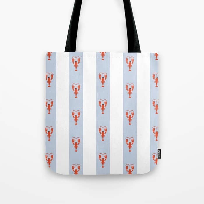 Red Lobsters On Hand-Painted Blue Stripes Tote Bag