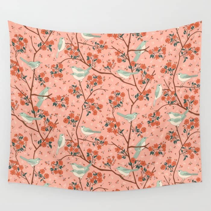 Birds In Cherry Blossom Trees Wall Tapestry
