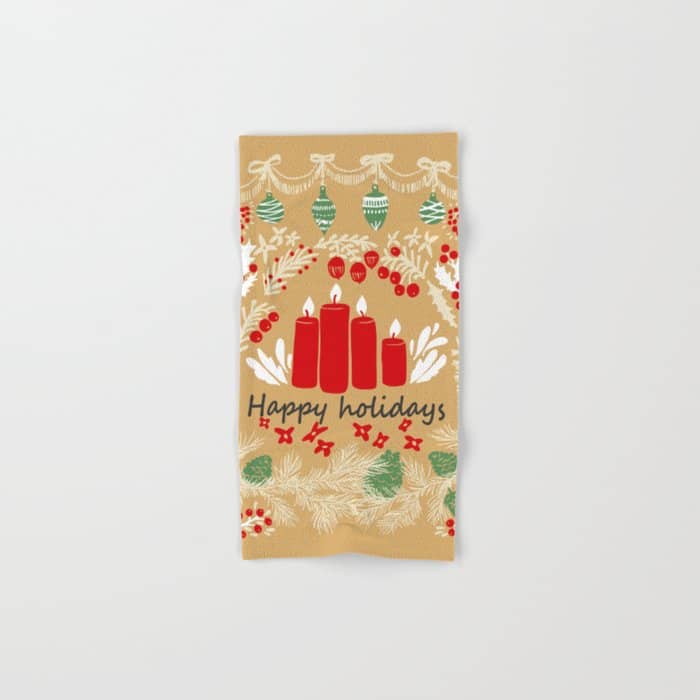 Happy Holidays Christmas Greetings - Folk Art Illustration Bath Towel