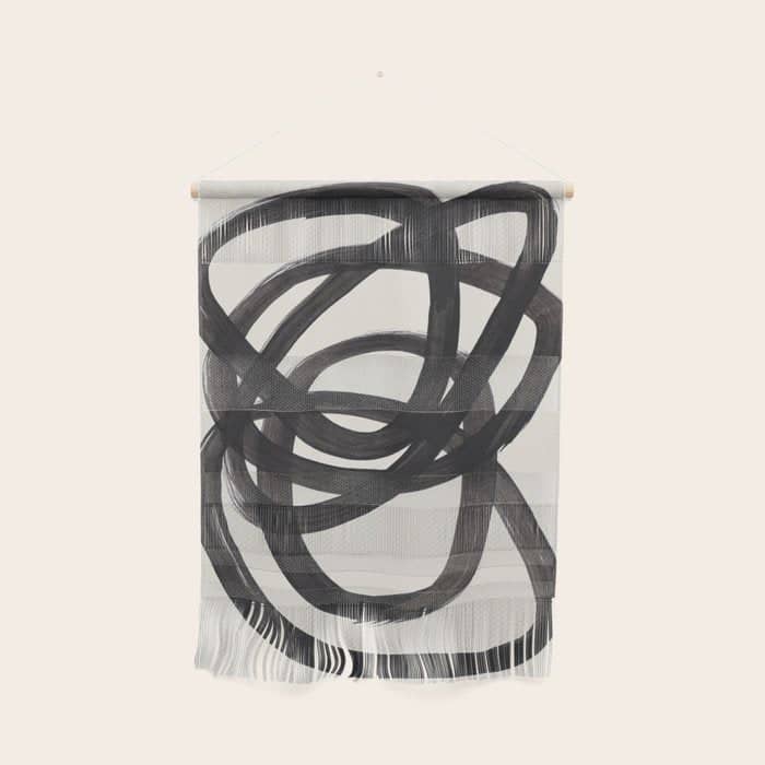 Mid Century Modern Minimalist Abstract Art Brush Strokes Black & White Ink Art Spiral Circles Wall Hanging