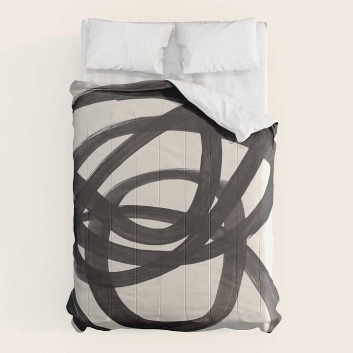Mid Century Modern Minimalist Abstract Art Brush Strokes Black & White Ink Art Spiral Circles Comforter