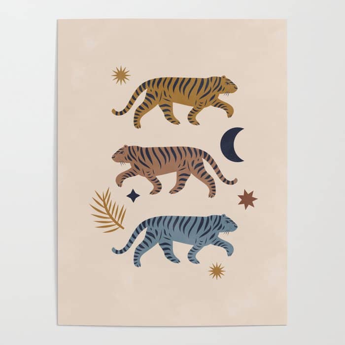 Celestial Tigers With Moon And Stars Poster
