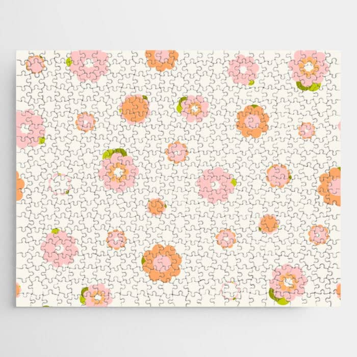 Peach Pink And Orange Flowers Pattern Jigsaw Puzzle