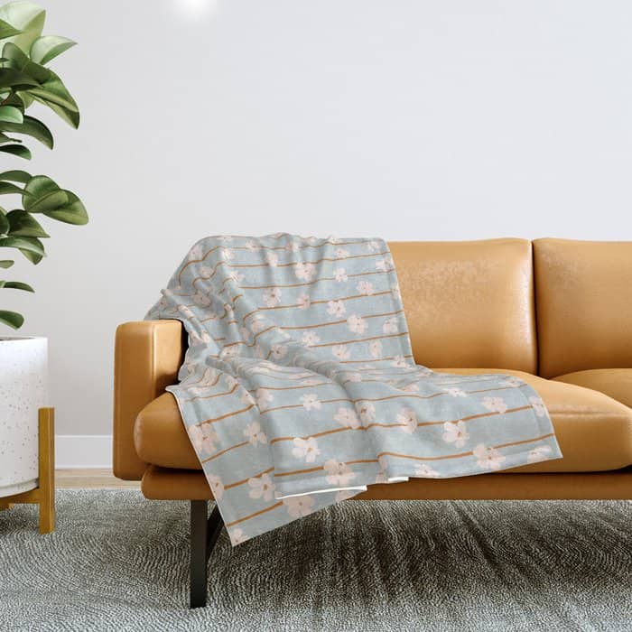 Peach Flowers On Green And Orange Vertical Stripes Background Pattern Throw Blanket