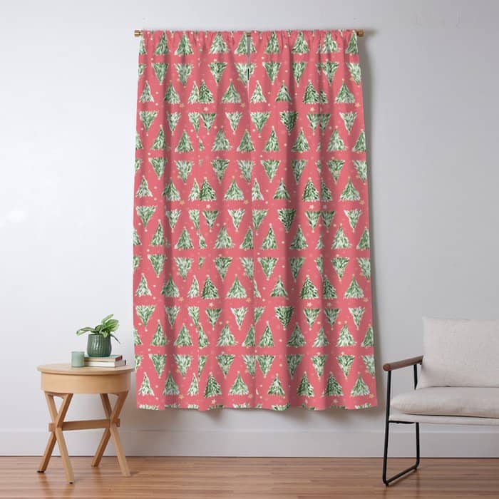Holiday Christmas Tree Over Pink Watermelon Pattern Window Curtain