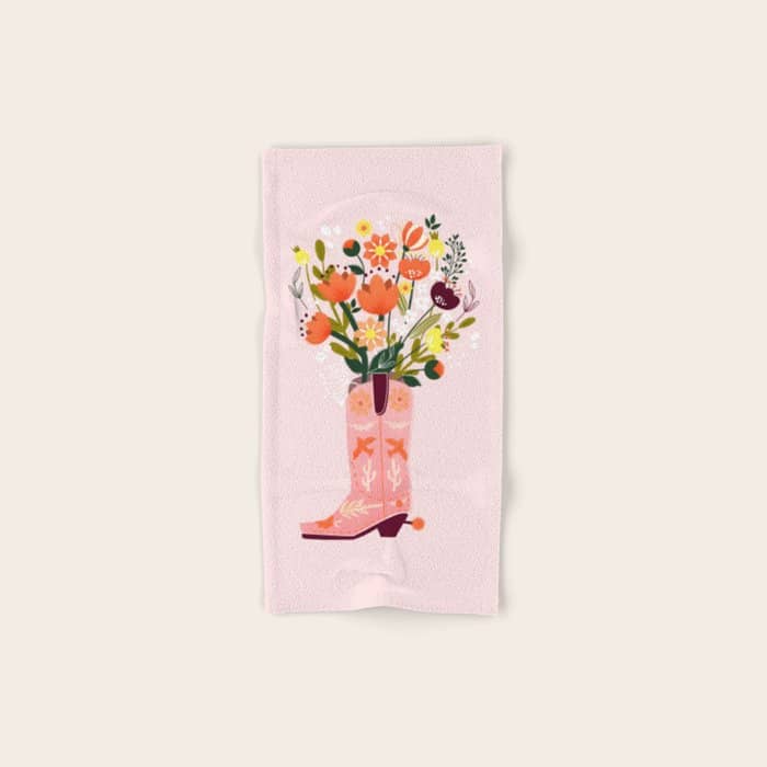 Pink Cowboy Boot And Wild Flower Bouquet Bath Towel