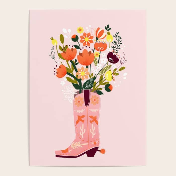 Pink Cowboy Boot And Wild Flower Bouquet Poster