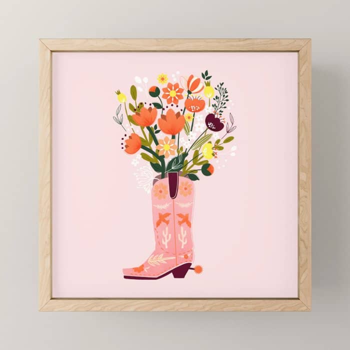 Pink Cowboy Boot And Wild Flower Bouquet Mini Art Print