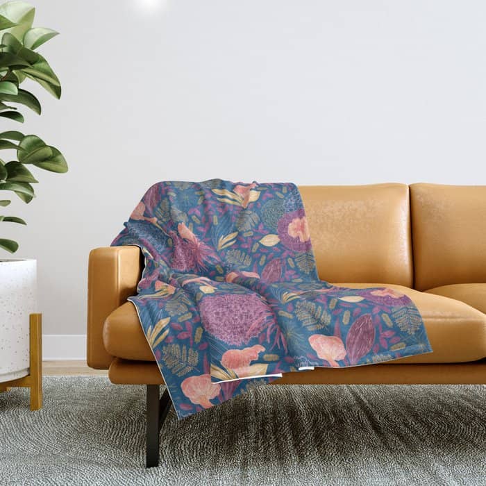 Forest Full Of Wild Mushrooms In Navy Blue & Peach Throw Blanket