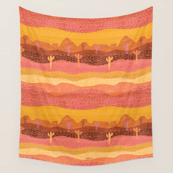Vintage Western Desert Landscape In Golden Sunrise & Peach Wall Tapestry