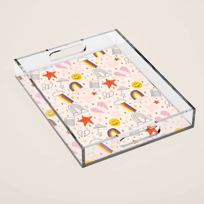 Happy Smiley Face & Retro Rainbows In Dusty Pink Acrylic Tray