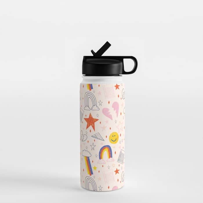 Happy Smiley Face & Retro Rainbows In Dusty Pink Water Bottle